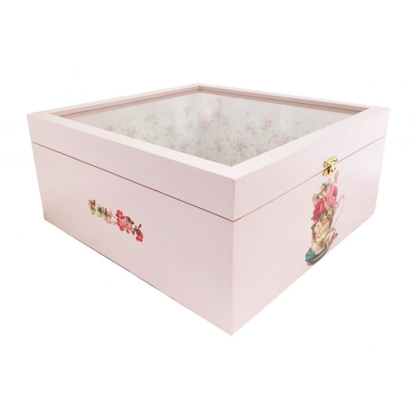 Caja de madera y su tapa de cristal. Modelo : té rosa