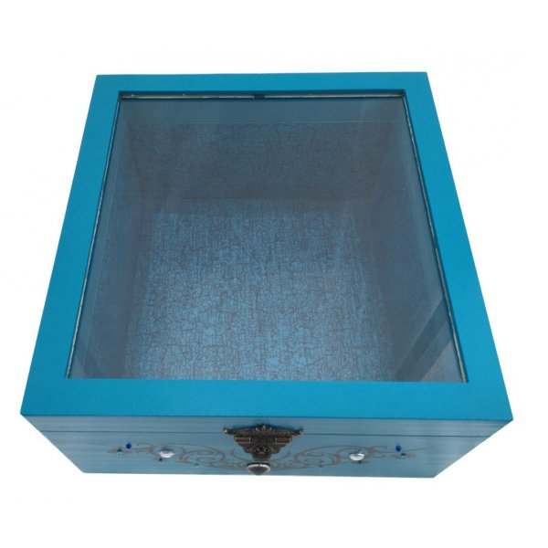 Caja de madera con tapa de cristal. Modelo : tribal azul