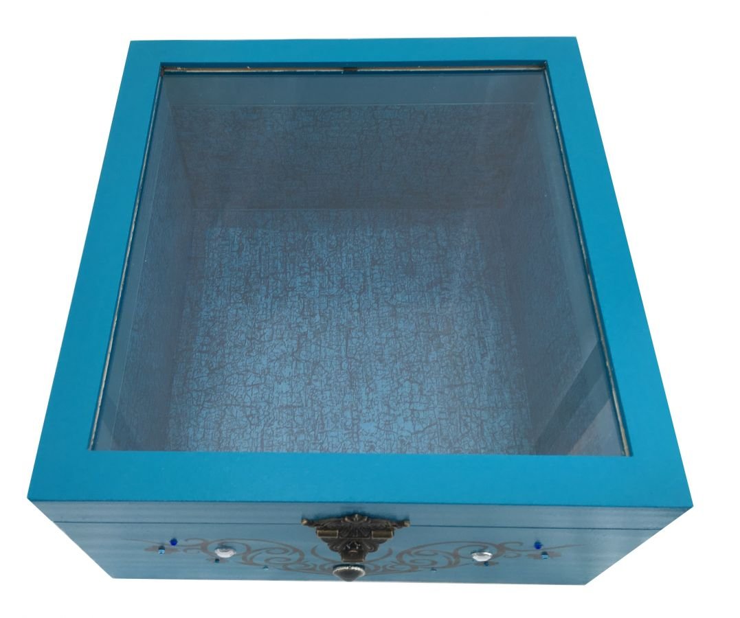 Caja de madera con tapa de cristal. Modelo : tribal azul