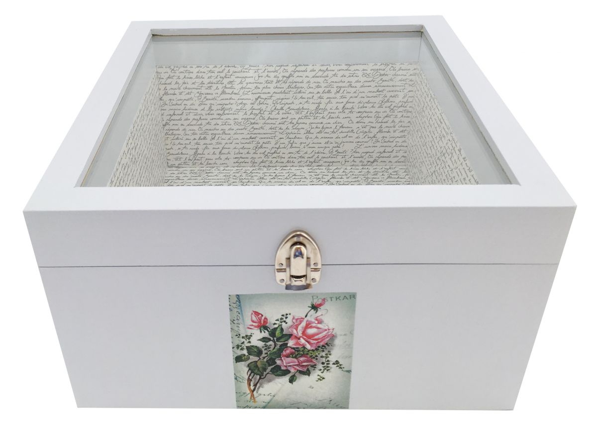 Caja de madera y su tapa de cristal. Modelo : carta de agua de rosas