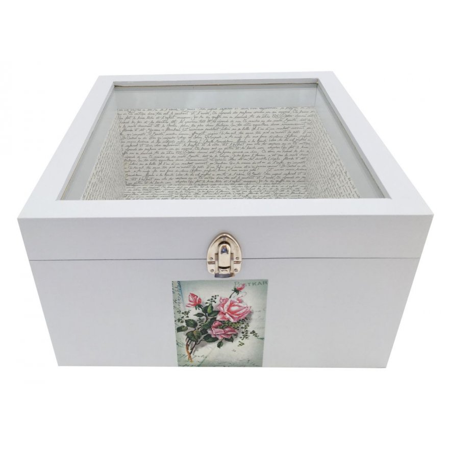 Caja de madera y su tapa de cristal. Modelo : carta de agua de rosas