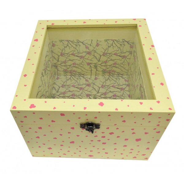 Caja de madera con tapa de cristal. Modelo : sakura amarillo