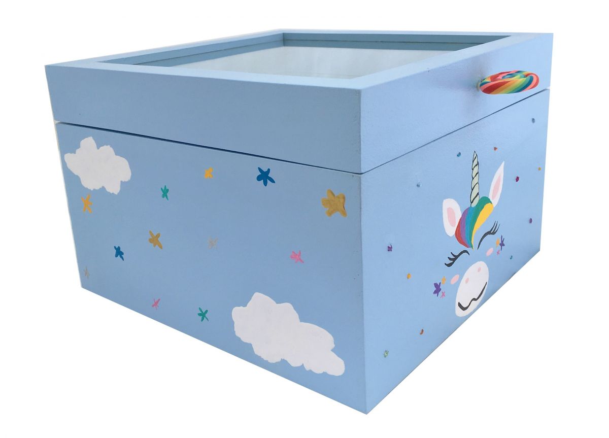 Caja de madera con tapa de cristal. Modelo : unicornio azul