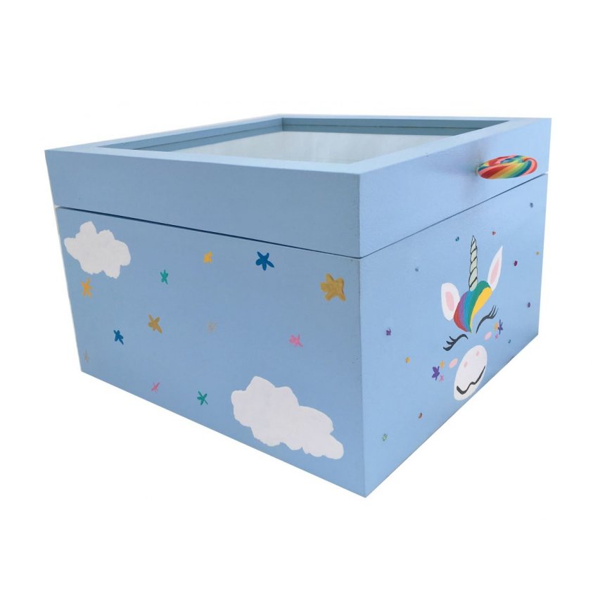 Caja de madera con tapa de cristal. Modelo : unicornio azul