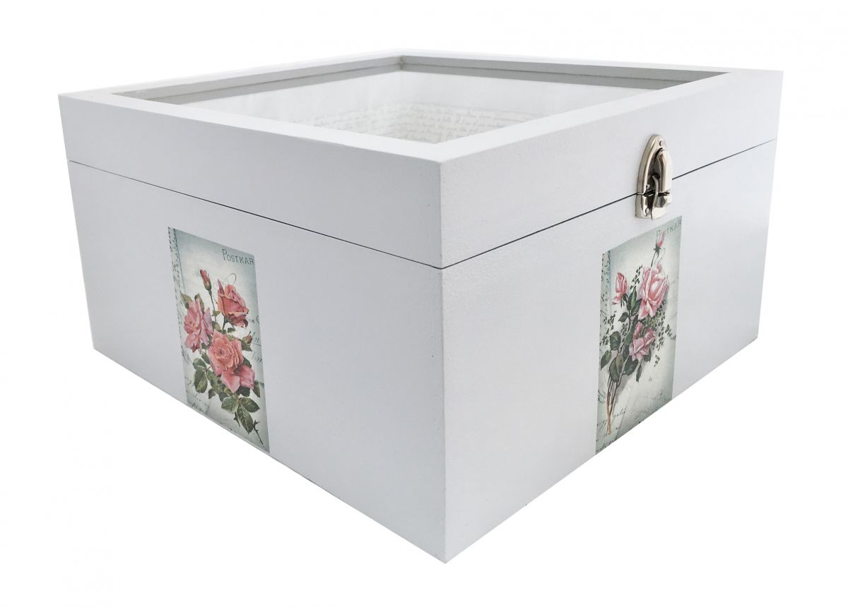 Caja de madera y su tapa de cristal. Modelo : carta de agua de rosas