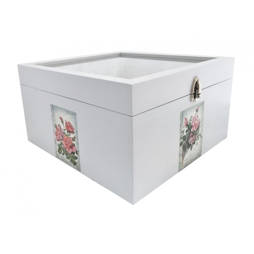 Caja de madera y su tapa de cristal. Modelo : carta de agua de rosas