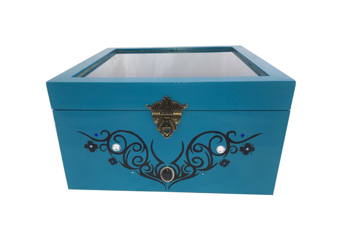 Caja de madera con tapa de cristal. Modelo : tribal azul