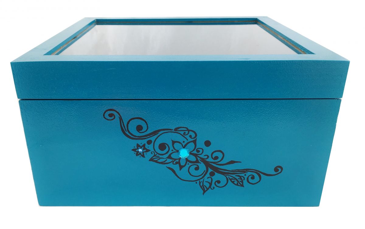 Caja de madera con tapa de cristal. Modelo : tribal azul