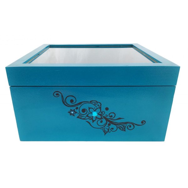 Caja de madera con tapa de cristal. Modelo : tribal azul