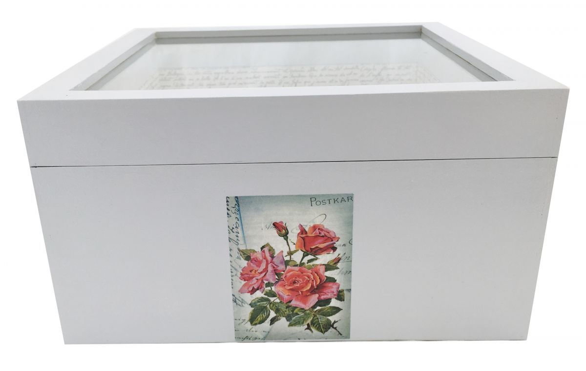 Caja de madera y su tapa de cristal. Modelo : carta de agua de rosas