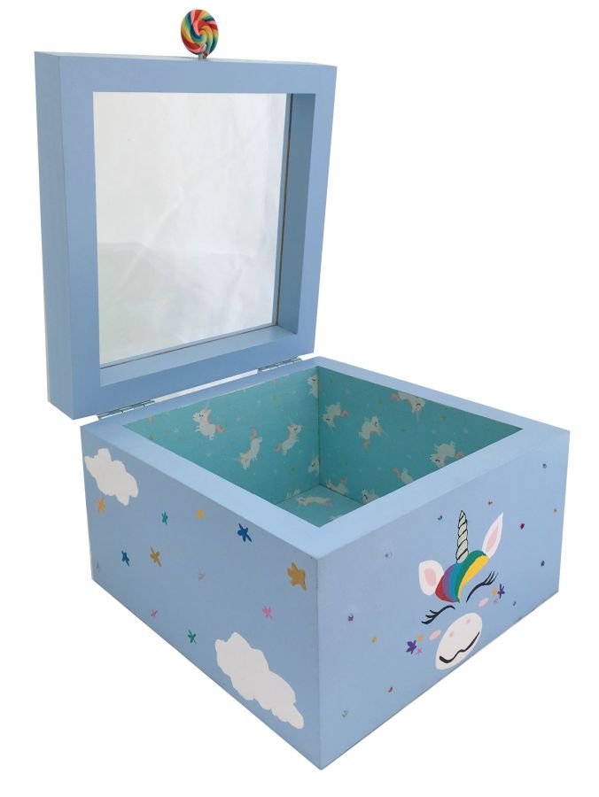 Caja de madera con tapa de cristal. Modelo : unicornio azul