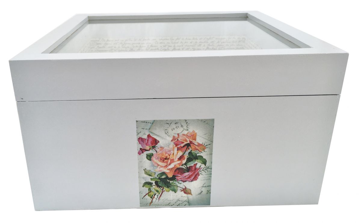 Caja de madera y su tapa de cristal. Modelo : carta de agua de rosas