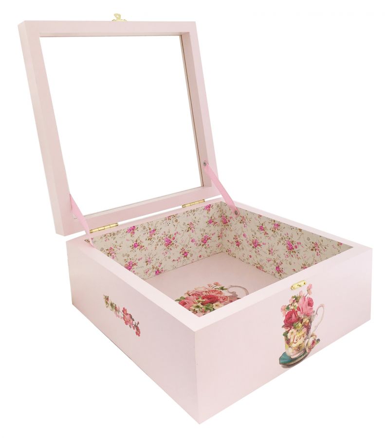 Caja de madera y su tapa de cristal. Modelo : té rosa