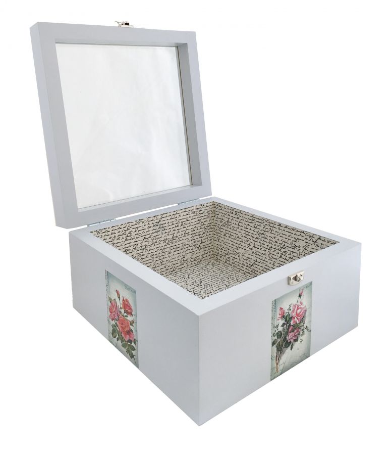 Caja de madera y su tapa de cristal. Modelo : carta de agua de rosas