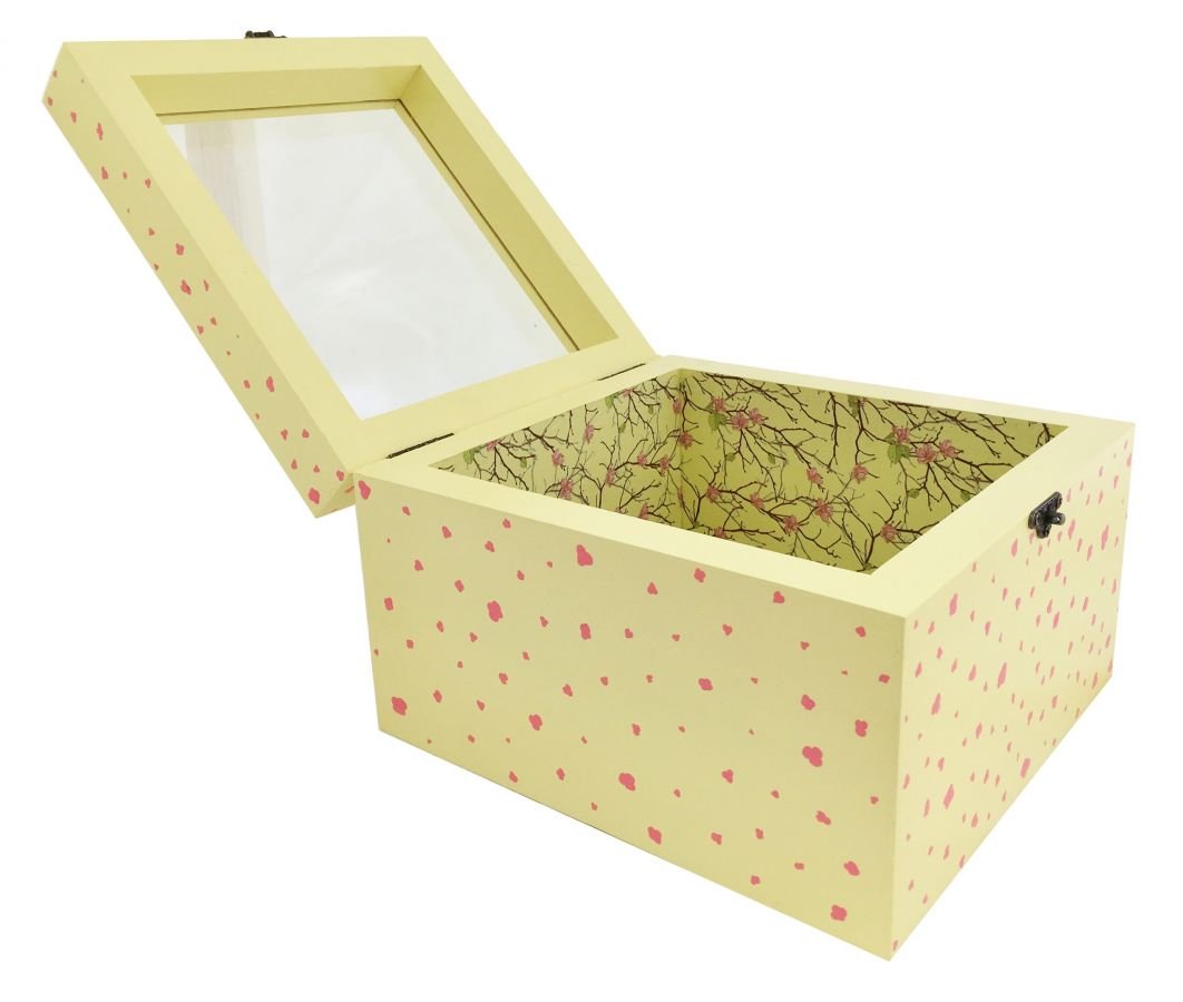 Caja de madera con tapa de cristal. Modelo : sakura amarillo