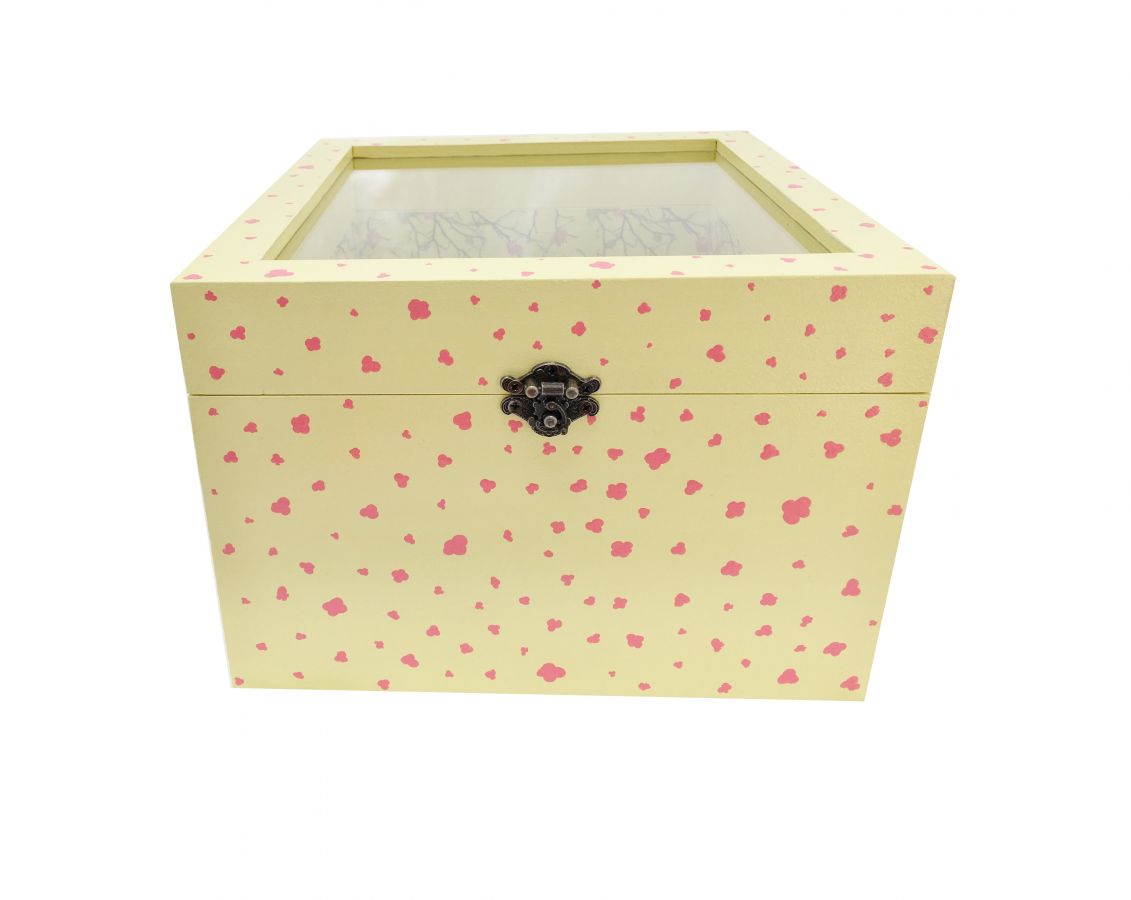 Caja de madera con tapa de cristal. Modelo : sakura amarillo