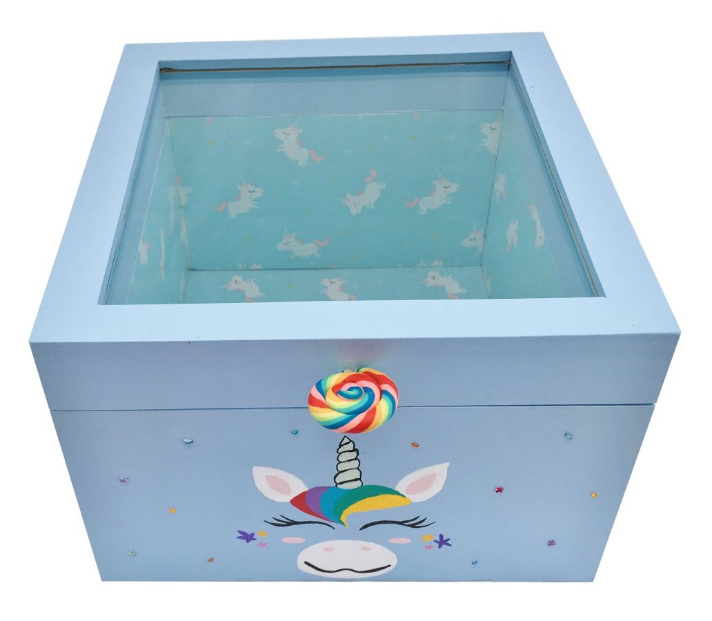 Caja de madera con tapa de cristal. Modelo : unicornio azul