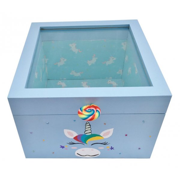 Caja de madera con tapa de cristal. Modelo : unicornio azul