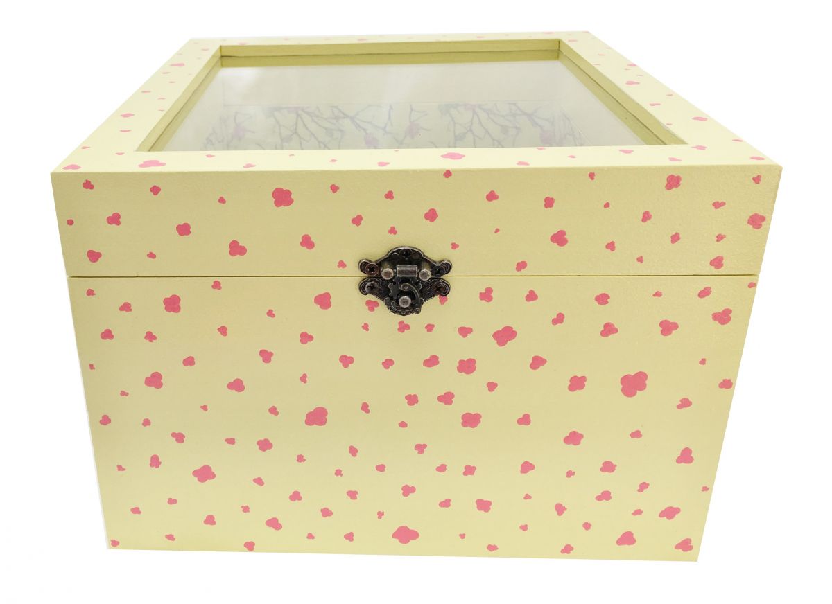 Caja de madera con tapa de cristal. Modelo : sakura amarillo