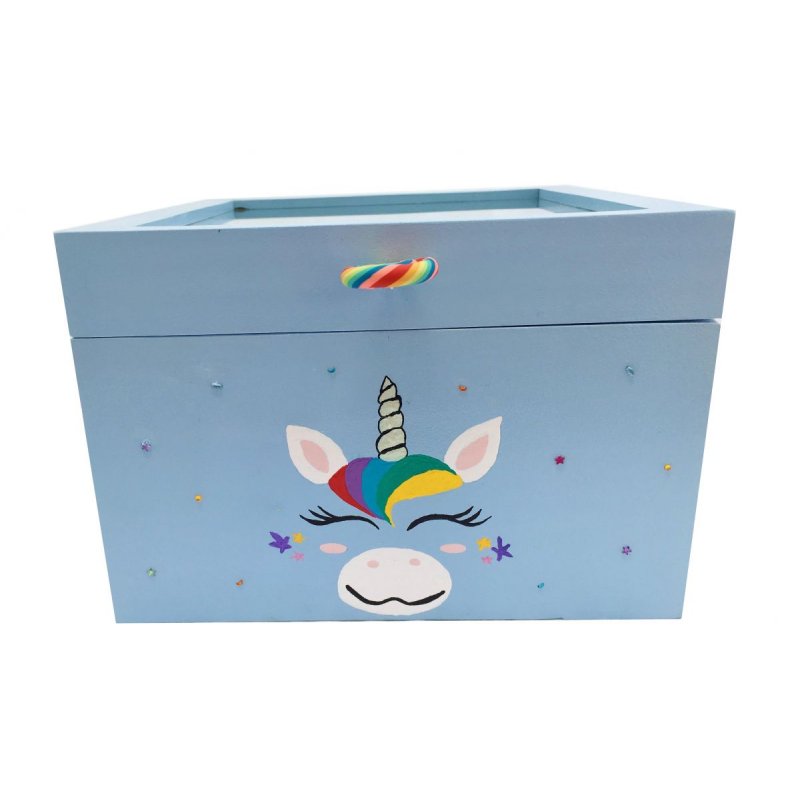 Caja de madera con tapa de cristal. Modelo : unicornio azul