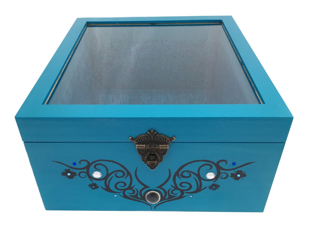 Caja de madera con tapa de cristal. Modelo : tribal azul