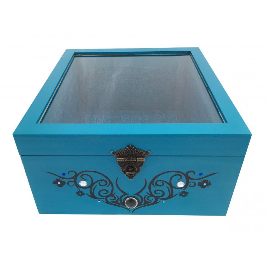 Caja de madera con tapa de cristal. Modelo : tribal azul