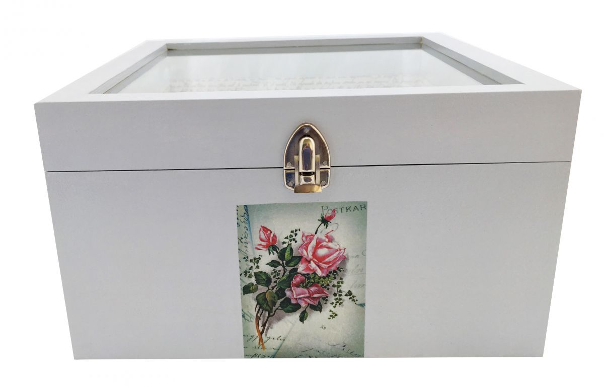 Caja de madera y su tapa de cristal. Modelo : carta de agua de rosas