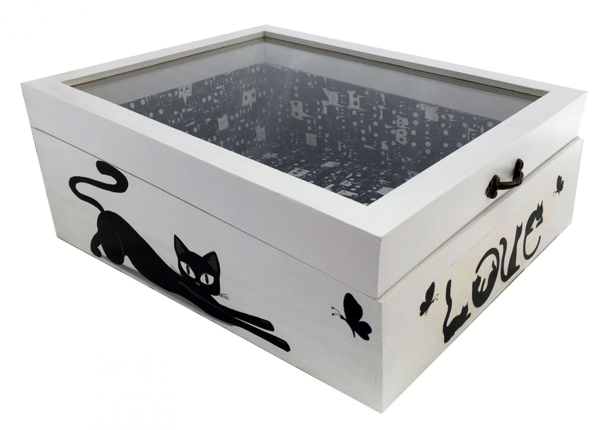 Caja de madera con tapa de cristal. Modelo : love cat