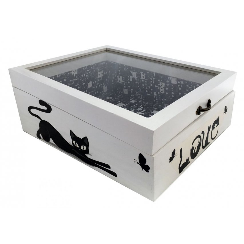 Caja de madera con tapa de cristal. Modelo : love cat