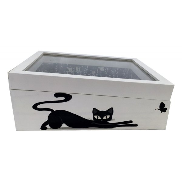 Caja de madera con tapa de cristal. Modelo : love cat