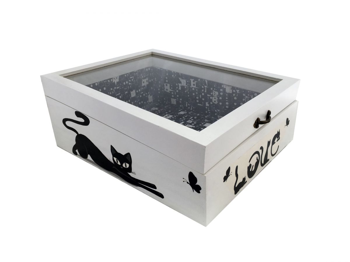 Caja de madera con tapa de cristal. Modelo : love cat