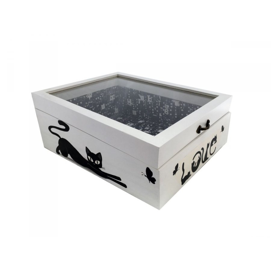 Caja de madera con tapa de cristal. Modelo : love cat