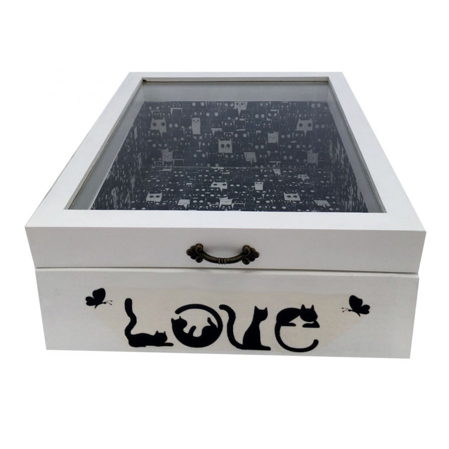 Caja de madera con tapa de cristal. Modelo : love cat