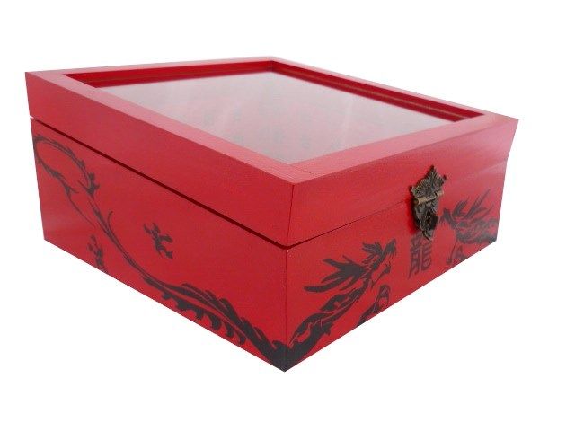 Caja de madera inclinada con tapa de cristal. Modelo : dragón rojo