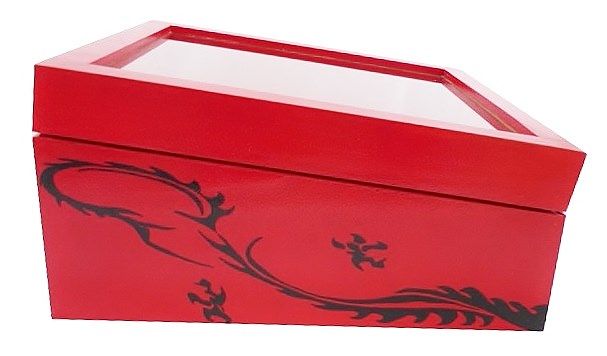 Caja de madera inclinada con tapa de cristal. Modelo : dragón rojo