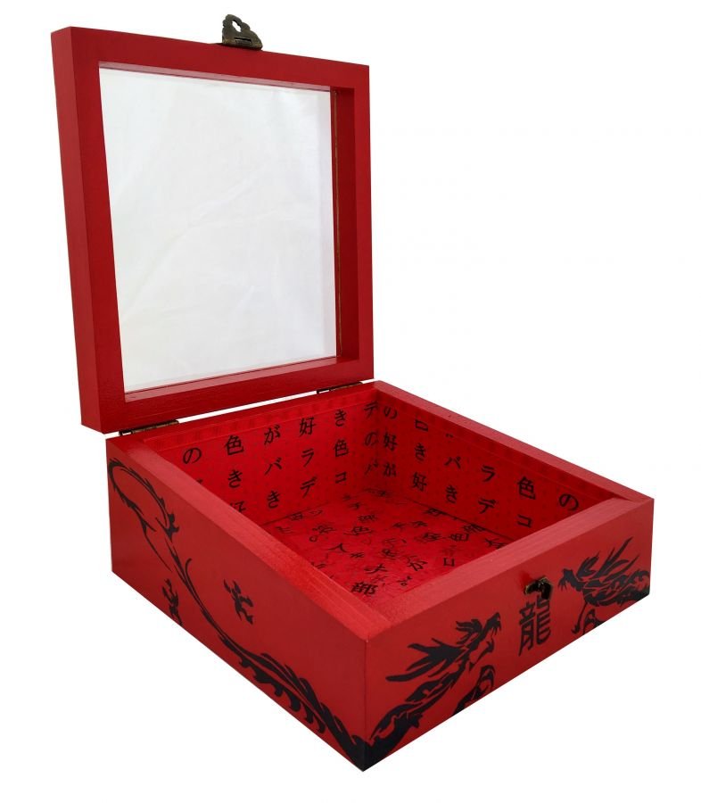 Caja de madera inclinada con tapa de cristal. Modelo : dragón rojo