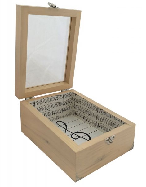 Boite en bois inclin&eacute;e et son couvercle en verre. Model : cl&eacute; musicale