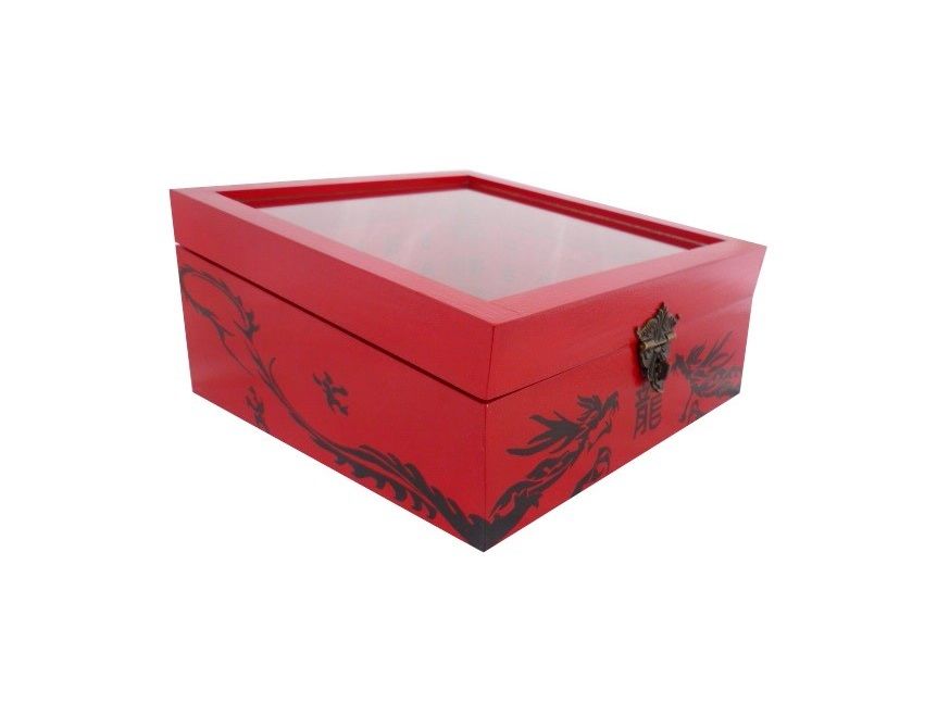 Caja de madera inclinada con tapa de cristal. Modelo : dragón rojo