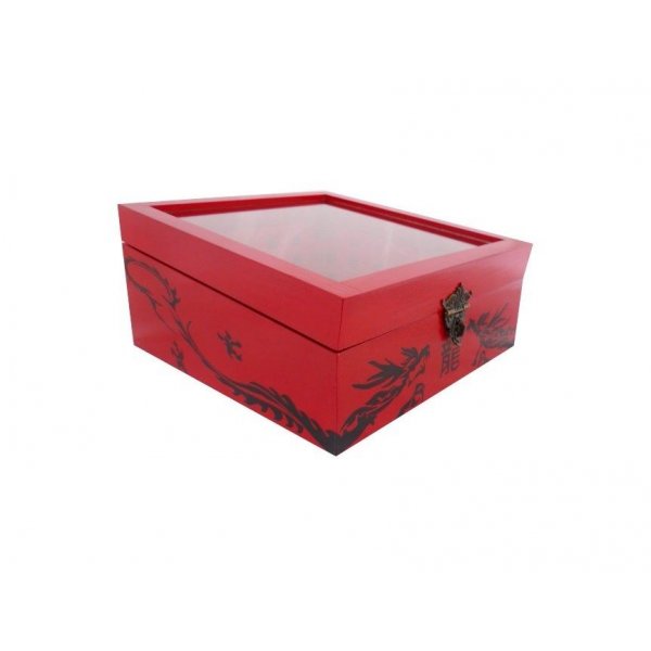 Caja de madera inclinada con tapa de cristal. Modelo : dragón rojo