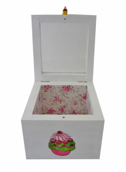 Peque&ntilde;a caja de madera maciza con decoraci&oacute;n de cupcakes blancos