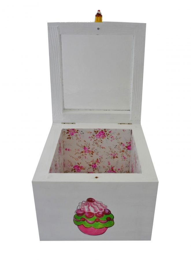 Pequeña caja de madera maciza con decoración de cupcakes blancos