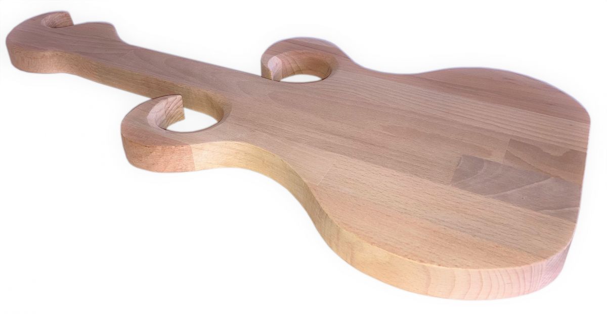 Tabla de cortar de madera de haya natural FSC modelo guitarra lugar para 2 vasos