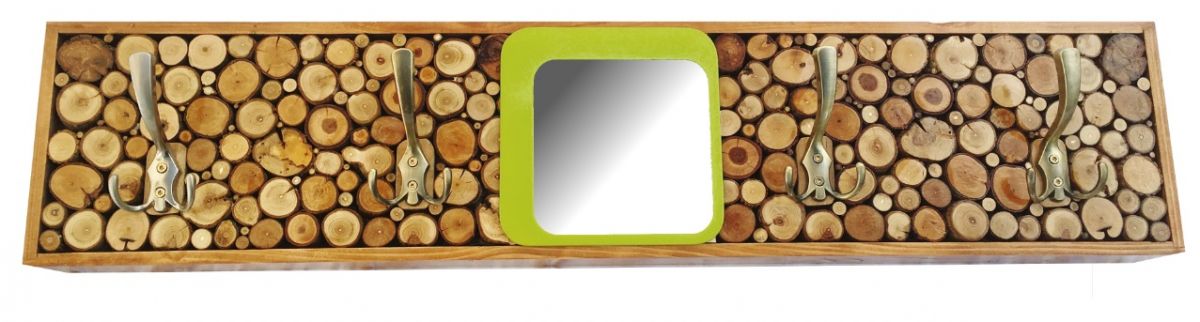 Perchero de pared grande rectangular de troncos con espejo