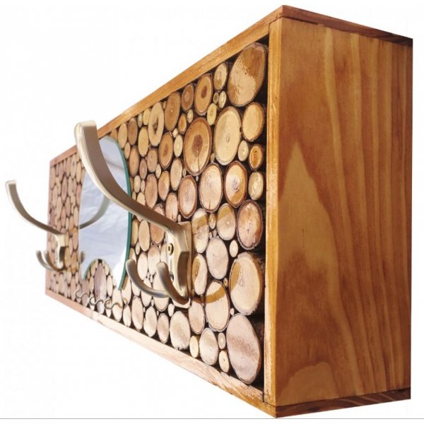 Perchero rectangular de pared en madera color casta&ntilde;o, 2 perchas triples y espejo de media luna. 60x20