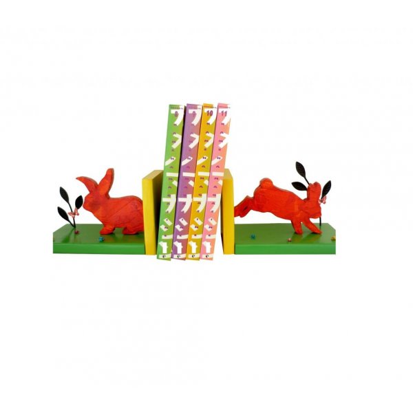 Moderno sujetalibros de madera maciza "Conejos" de pino de las Landas 