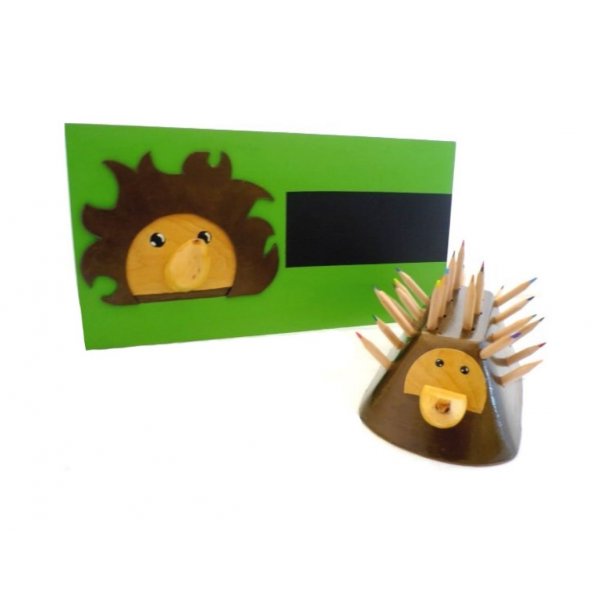 Set de madera para la vuelta al cole modelo: Erizo (portal&aacute;pices y perchero de pared)