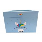 Caja de madera con tapa de cristal. Modelo : unicornio azul