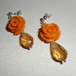 Pendientes con rosa mostaza y gotas de cristal de bohemia, plata 925