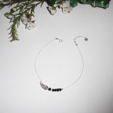 Pulsera tobillera con alas y cuentas de cristal negro de bohemia en cadena de plata 925