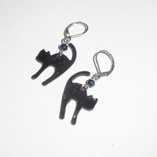 Pendientes gato de metal negro con cuenta de cristal azul